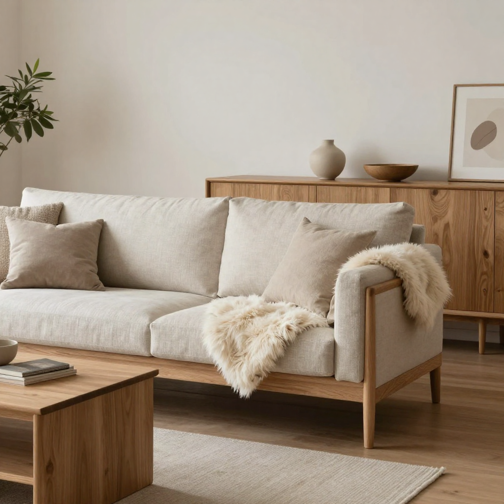 Elegant Nordic living room featuring oak furniture and natural textiles